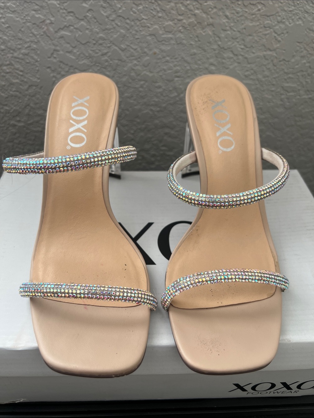 XOXO Nude Rhinestone Double-Strap Heeled Sandals